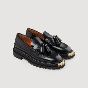 Sandro Black Tassel Loafers with Gold Accents